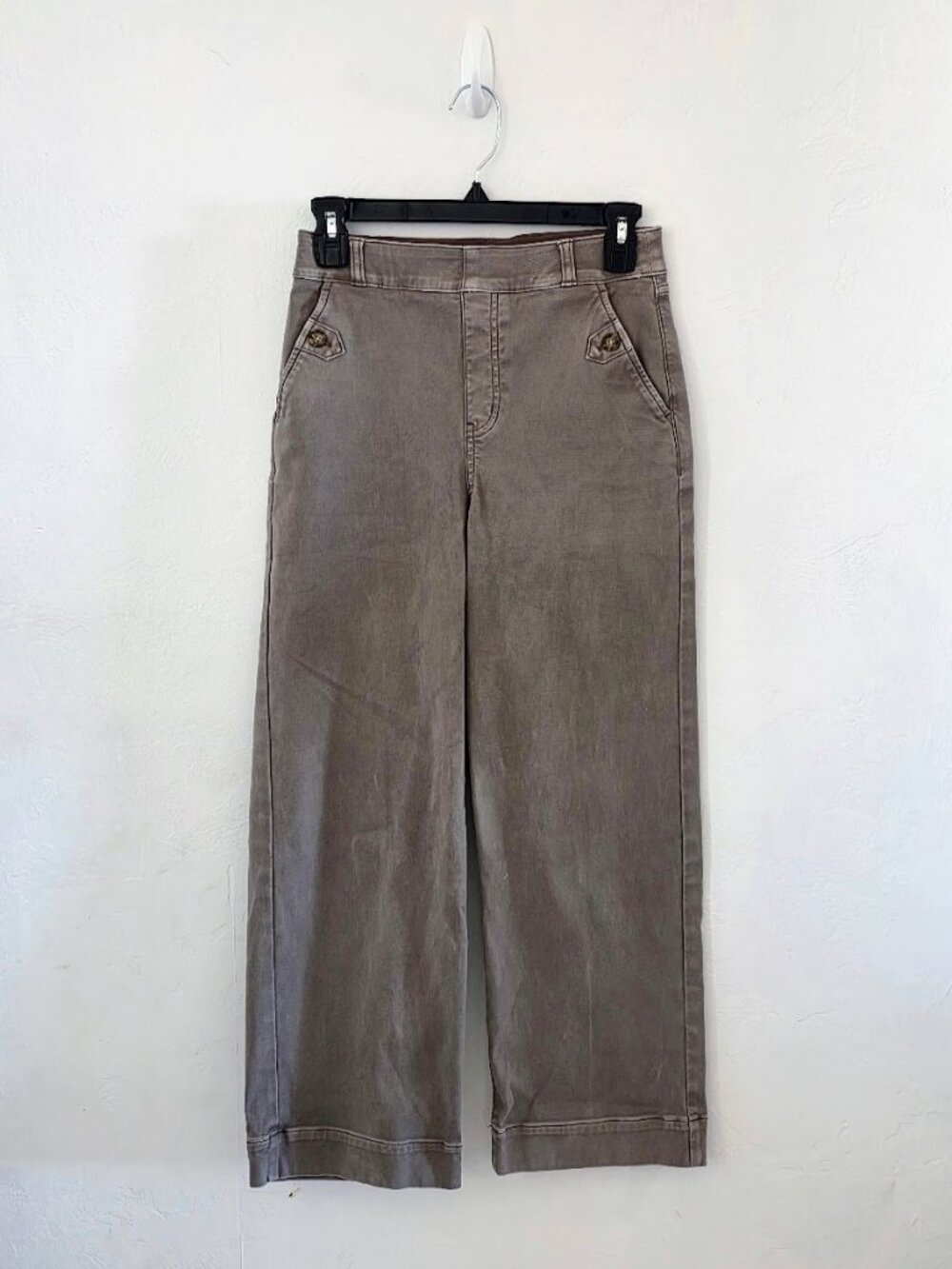 SPANX Stretch Twill Cropped Wide Leg Pants Smoke Gray Brown Size S Pull On
